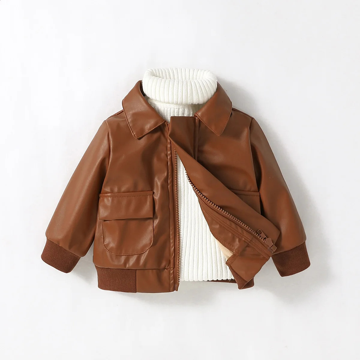 Baby Boys 1-3Y Pu Leather Jacket Long Sleeve Turn-Down Collar Zipper Fashion Outwear For Fall Winter Leather Coats 241223