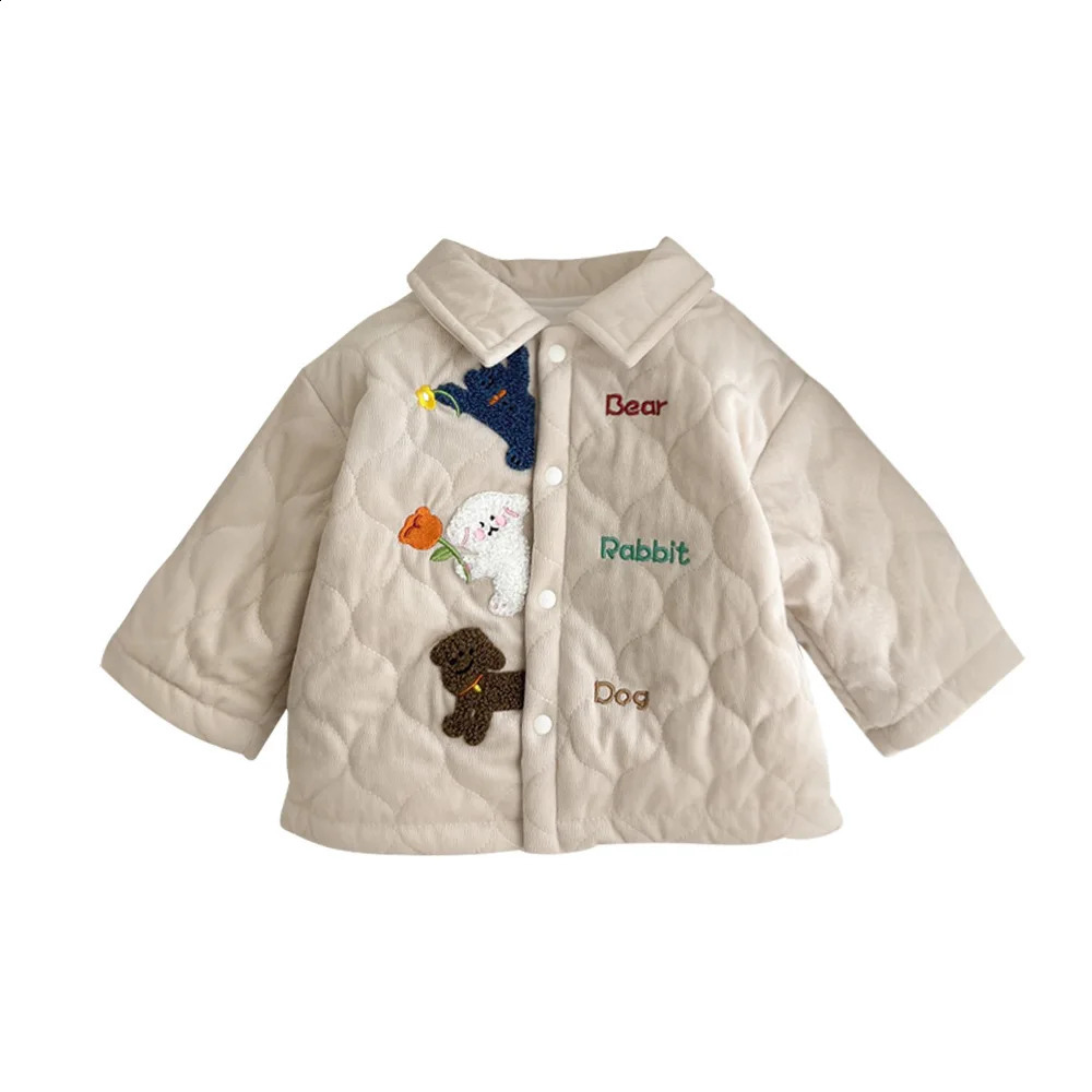 Korean Autumn Winter Baby Girls Coat Embroidered Cartoon Dog Cotton Padded Infant Girls Jacket Thick Warm Toddler Girls Parkas 241223