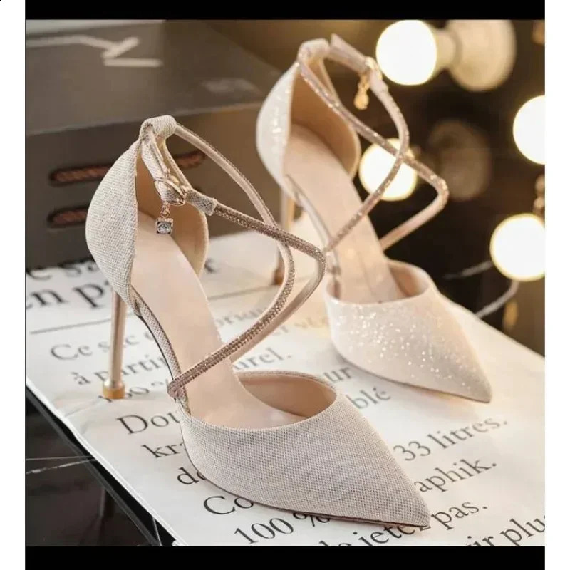 Womens sparkling sequin pump womens pearl strap sparkling wedding party shoes womens high heels cross strap high heels 241223