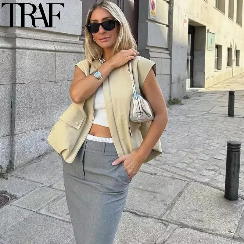 TRAF 2024 Womens Vest Cropped Sleeveless Jacket Women Stylish Pleated Black Short Coats Zipper Casual In Outerwears 241220