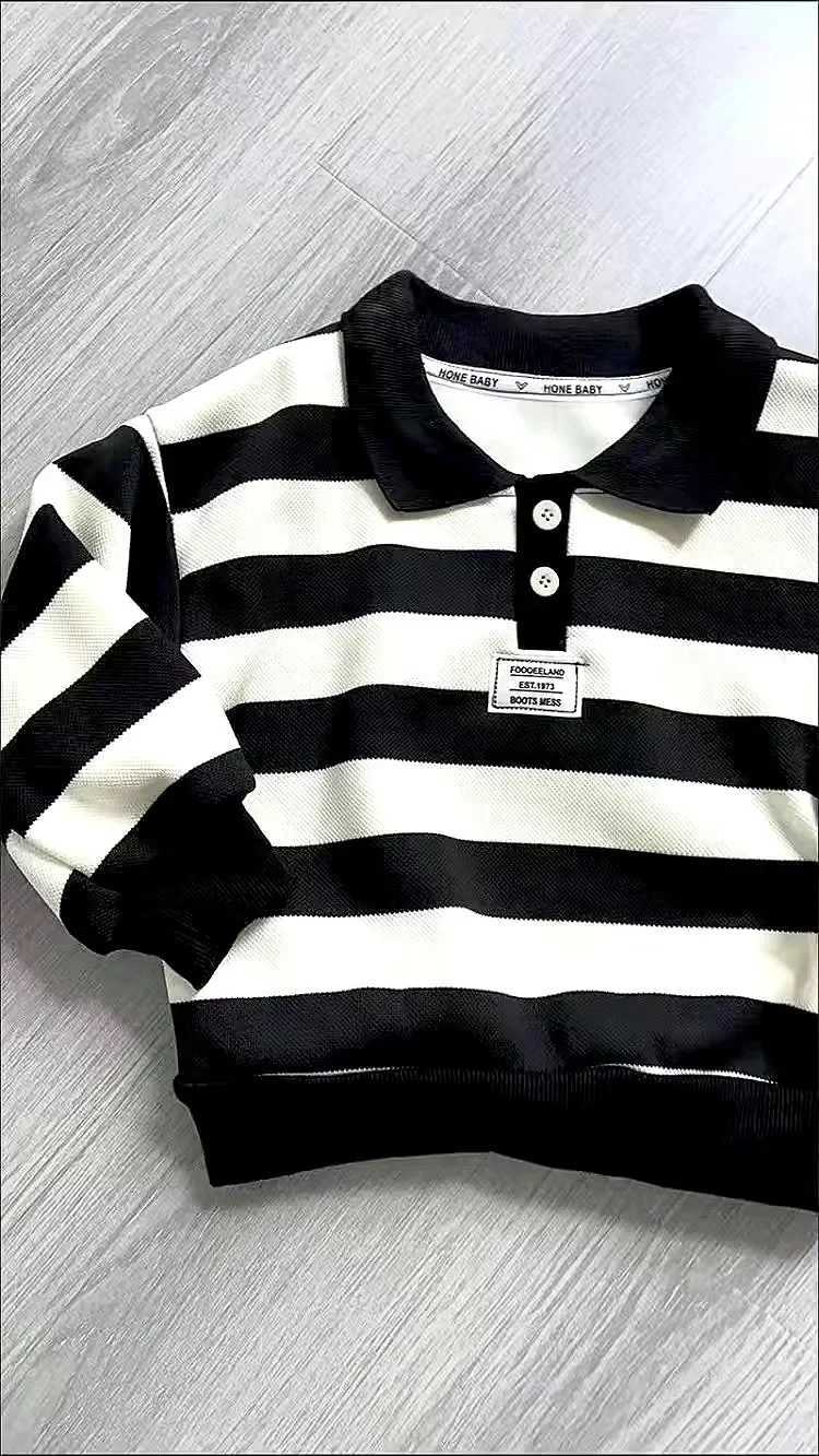 New Winter and Autumn Childrens Striped Shirt Long Sleeve Polo Shirt Childrens Boys and Girls Thick Collar Zipper Top Childrens Clothing W241223