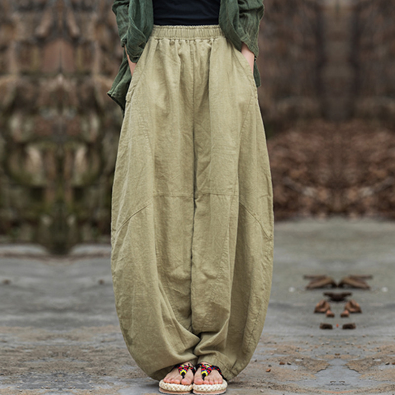 Elegant Women's Cotton En Baggy Cargo Pants Vintage Elastic Waist Yoga Trousers Loose Casual Long Wide Leg Oversize Clothes