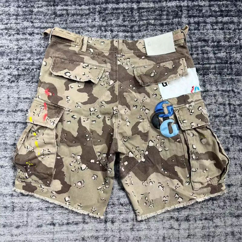 Designer Mens Camouflage Patchwork Leather Letter High Street Vintage Hip Hop Worn Work Denim Shorts Men