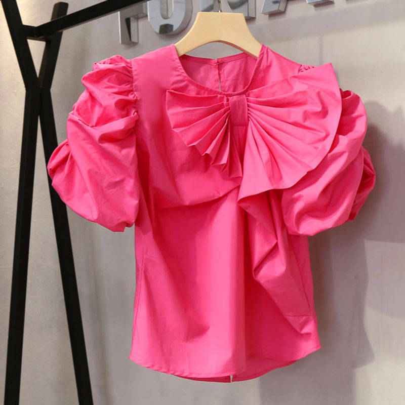 2024 New Fashionable and Stylish Solid Color Versatile Wrinkle Bow Split Bubble Sleeve Shirt Womens Top Trendy 241223