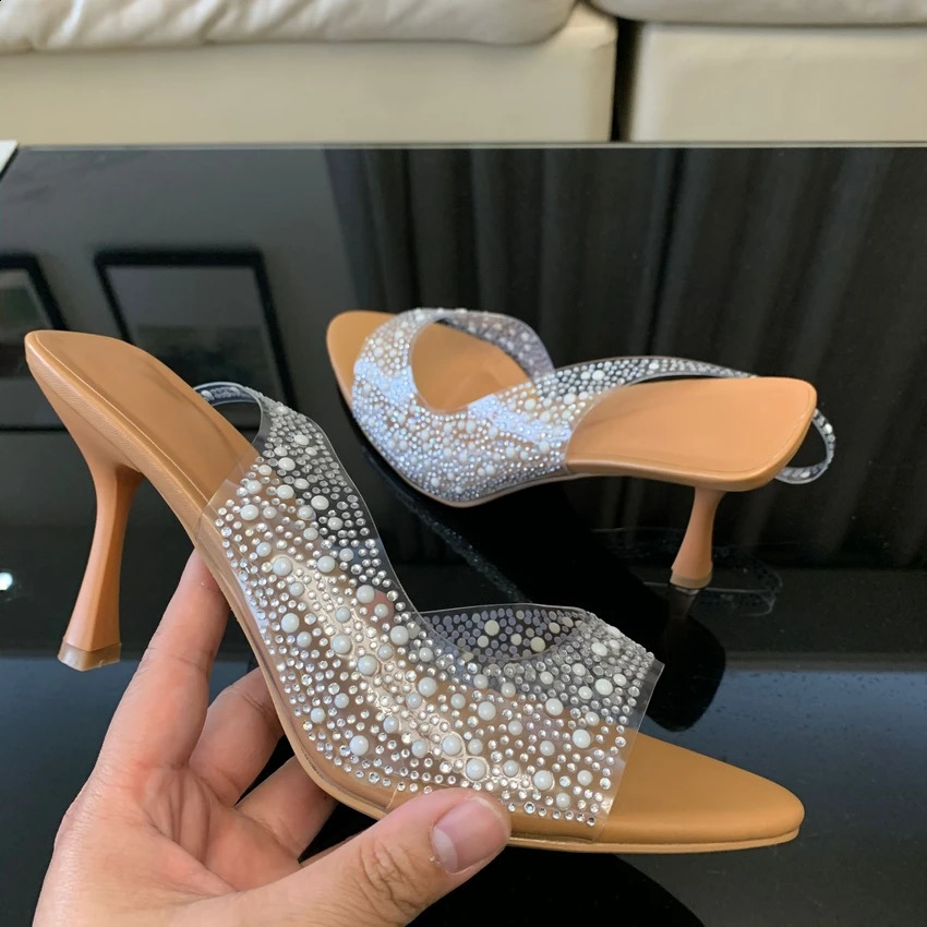 Summer Fashion Womens High Heels Pearl Decorative Elastic Back Womens Pump Leather Toe High Heels Sandals Elegant Womens Shoes 241223