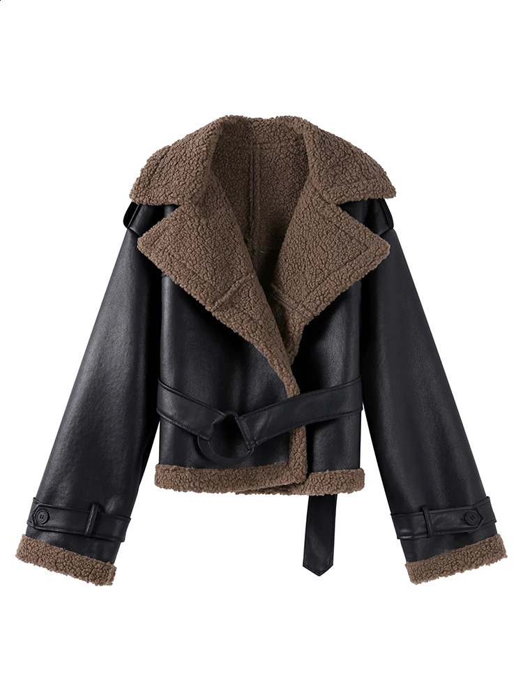 Fashion PU Leather Lamb Wool Cropped Coat With Belt Women Turn Down Collar Long Sleeve Short Bike Jacket Autumn Winter Chic Tops 241218