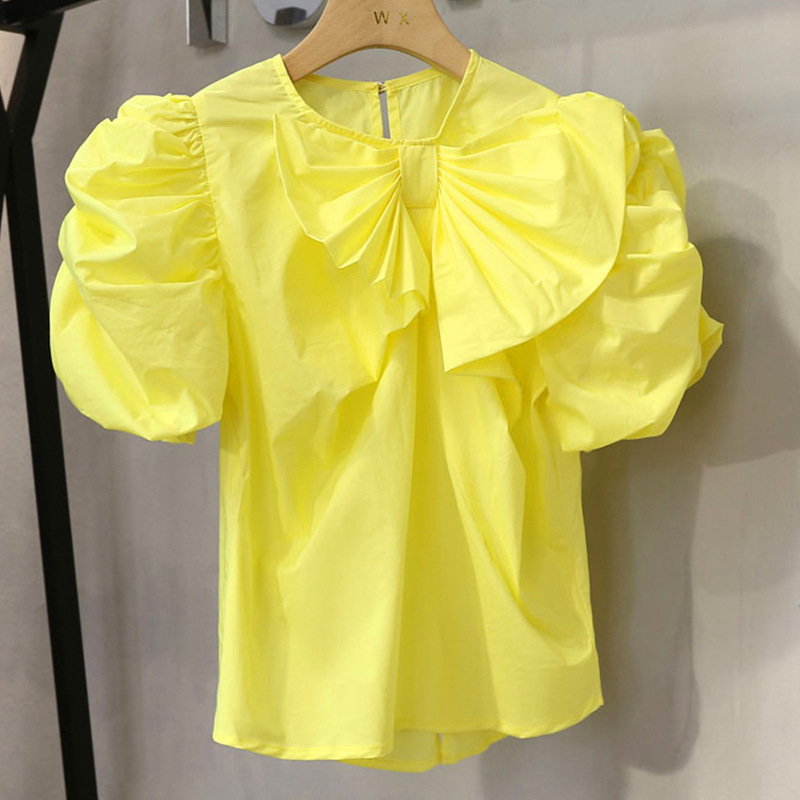 2024 New Fashionable and Stylish Solid Color Versatile Wrinkle Bow Split Bubble Sleeve Shirt Womens Top Trendy 241223