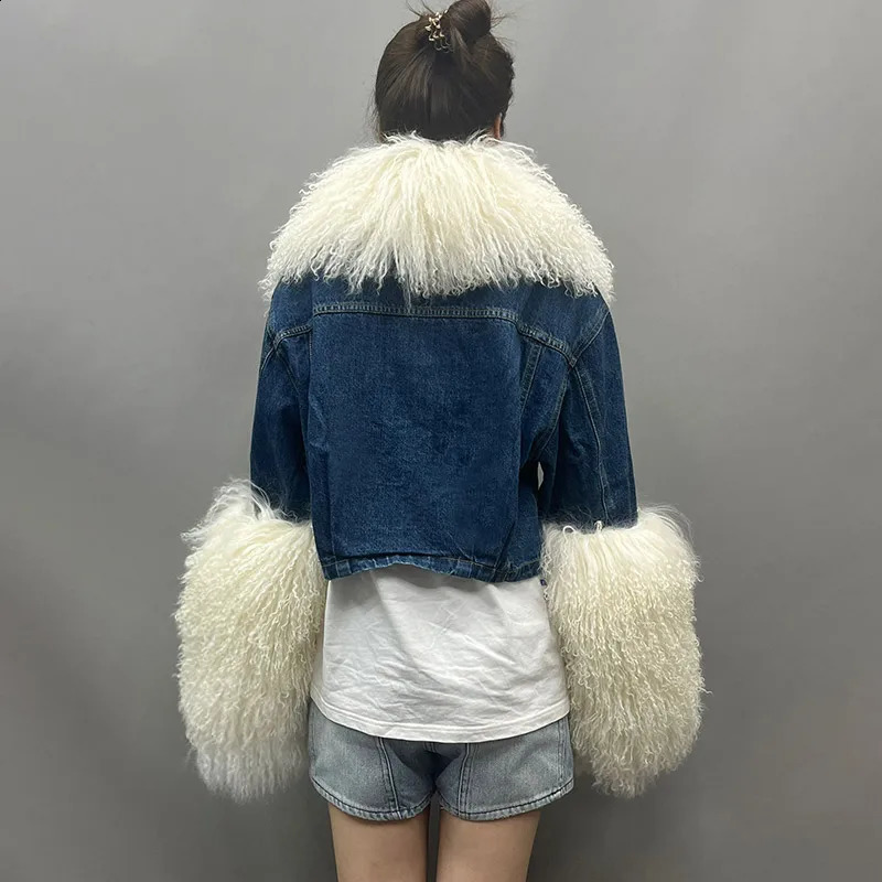 Arrivals Fluffly Real Mongolian Fur Denim Jacket Women Big Collar Natural Fur Coat Lady Fashion Denim Coat S5595B 241220