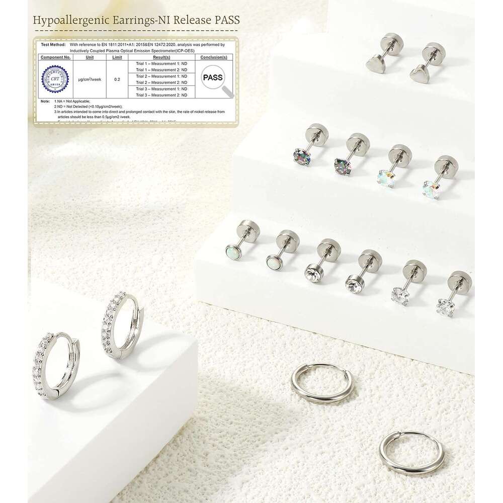 Hypoallergenic Surgical Sensitive Ears-20G Flat Back for Women Men-Small Stainless Steel Studs Hoop Cartilage Earring Opal Ball CZ Flatback Earrings