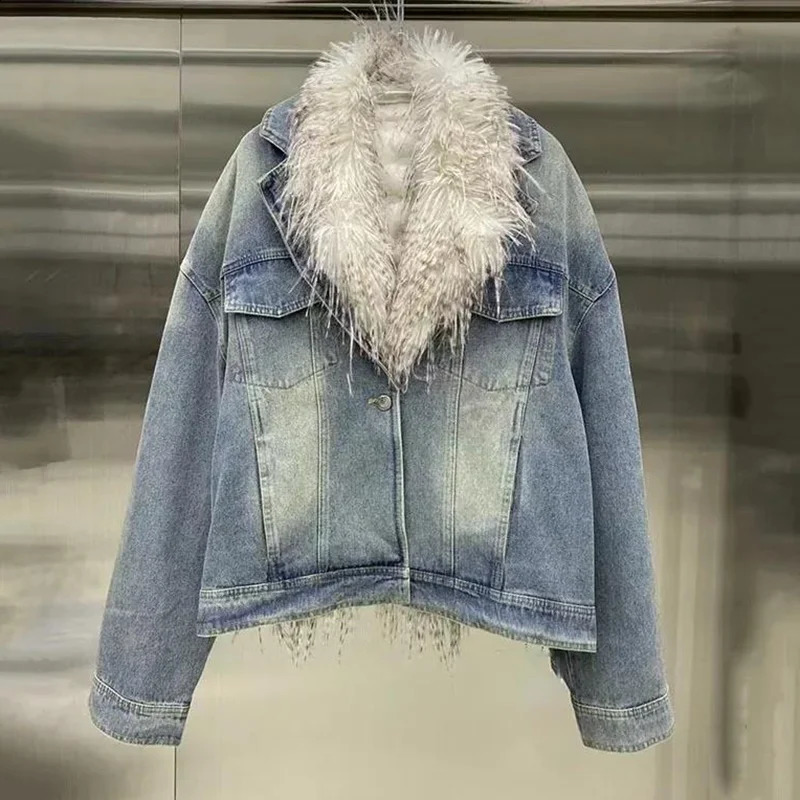 DEAT Winter Faux Fur Collar Denim Coats For Women Trendy Removable Inner Liner Single Breasted Jackets Fashion 29L9293 241223