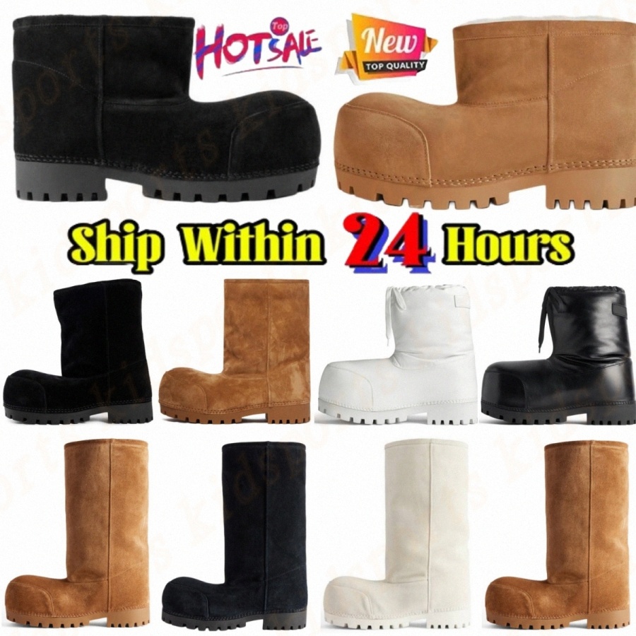 designer Alaska Snow Boots womens Winter Fur High Low boot Black White Brown Calfskin Leather Fluffy Furry Rubber Sole Platform mens booties