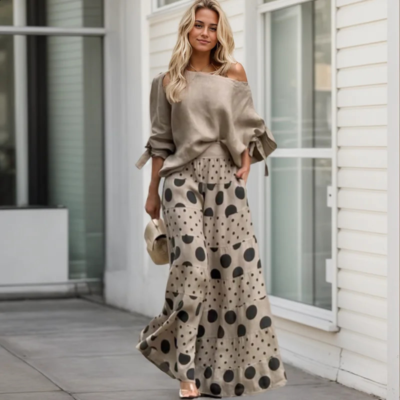 Fashion High Street Outfits Casual Diagonal Neck Hollow Top with Wide Leg Pants Sets Dot Prints Multilayer Splice Female 241220