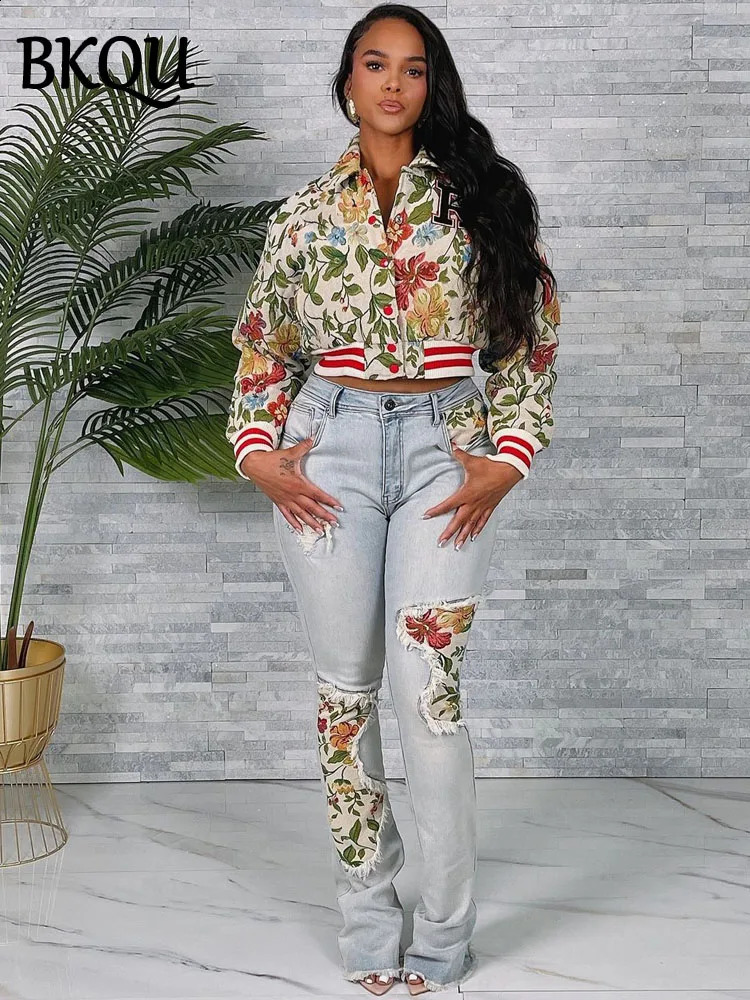 BKQU Jacquard Lapel Short Jackets Women Fashion Buttons Long Sleeve y Printed Crop Coats Vintage Y2K Streetwear 2025 241218