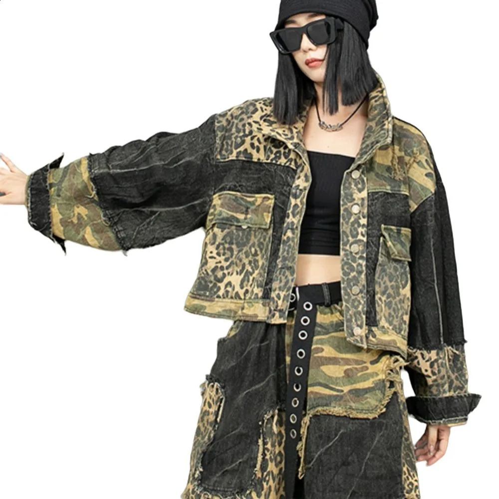 Early Autumn Leopard Print Patchwork Long Sleeved Denim Jacket Women LX1901 241223