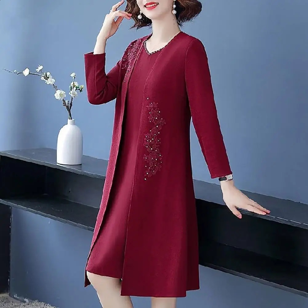 2pcsSet Womens Coat Dress Set Long Sleeve Flower Embroidered Solid Color V Neck Formal Elegant 241220