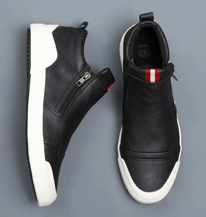 New Men Leather Casual Spring Autumn Fashion Double Zipper Trend High Tops Flat Shoes Cool Loafers Man Winter Boots