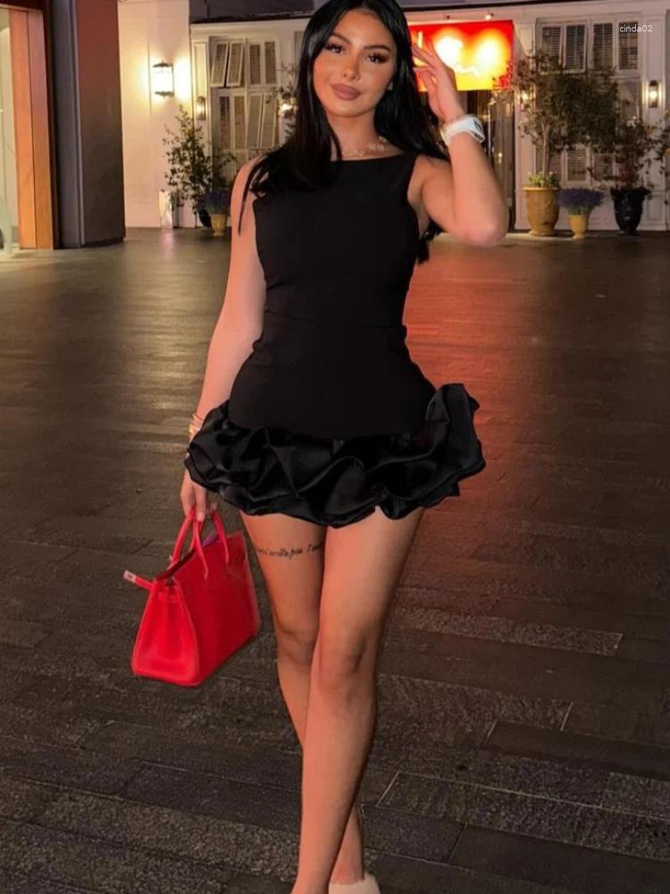 Casual Dresses Elegant Solid Ruffled Hem Sleeveless Bodycon Short Dress Women Sexy Round Neck Slim Mini Vestidos Chic Lady Party Gowns