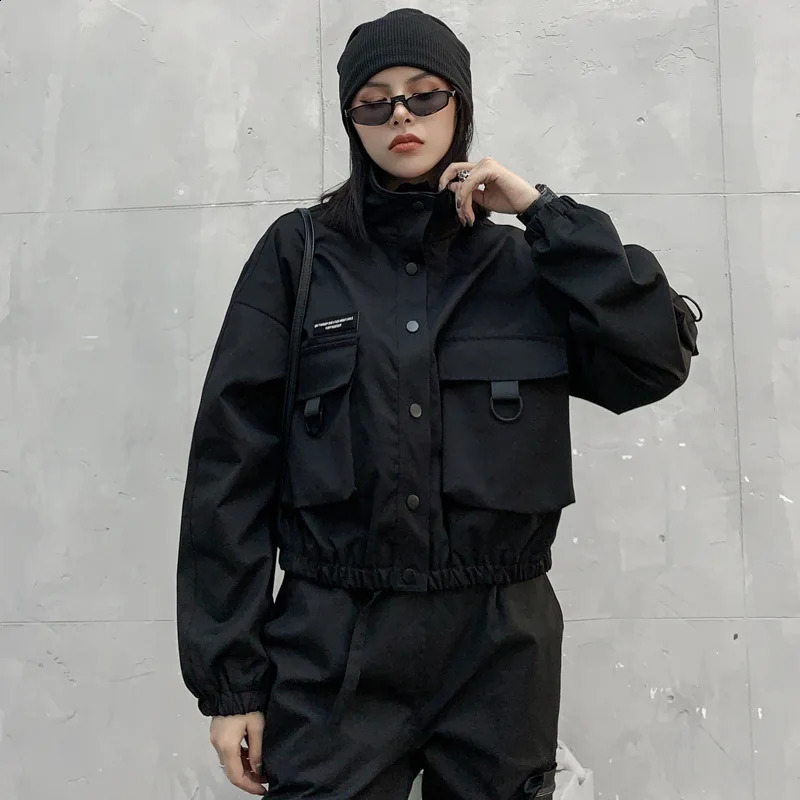 CTRLLOCK Techwear Women Black Stand Collar Jacket Casual Long Sleeve Pocket Female Outerwear Hiphop Fashion 241218