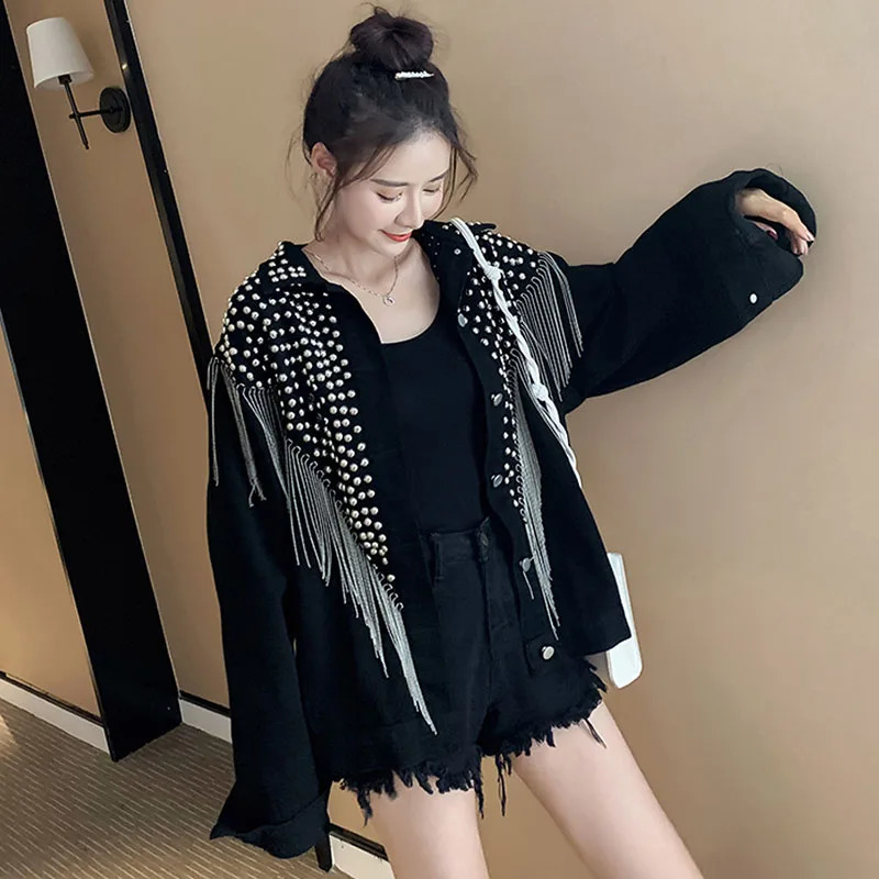 Autumn Denim Jacket Coat Women Rivet Tassel Chain Short Coats Woman Loose Streetwear Long Sleeve Black Coats Abrigo De Mujer 241223