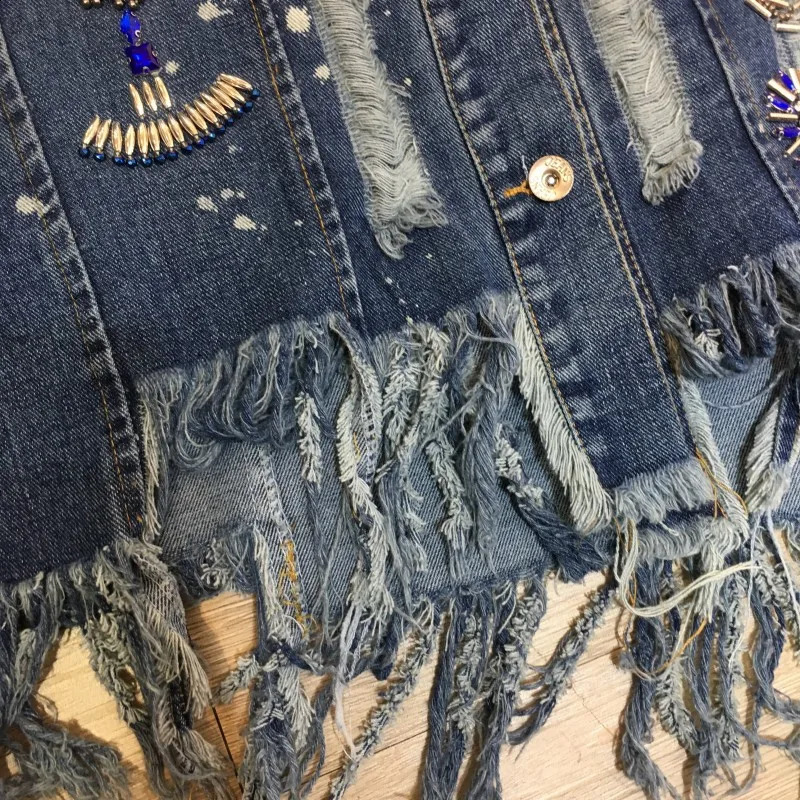 Outerwear Denim Jacket for Women Autumn and Spring Loose Diamond Irregular Tassel Hem Jean Jacket Fashion Coats Tops 241223