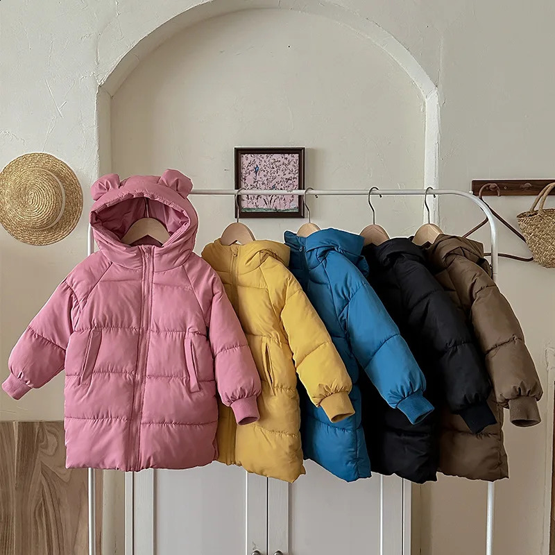 Girls Winter Coat Boys Padded Thickened Warm Long Outerwear Children Solid Color Hooded Clothes Jacket 2-8 Years Old 241223