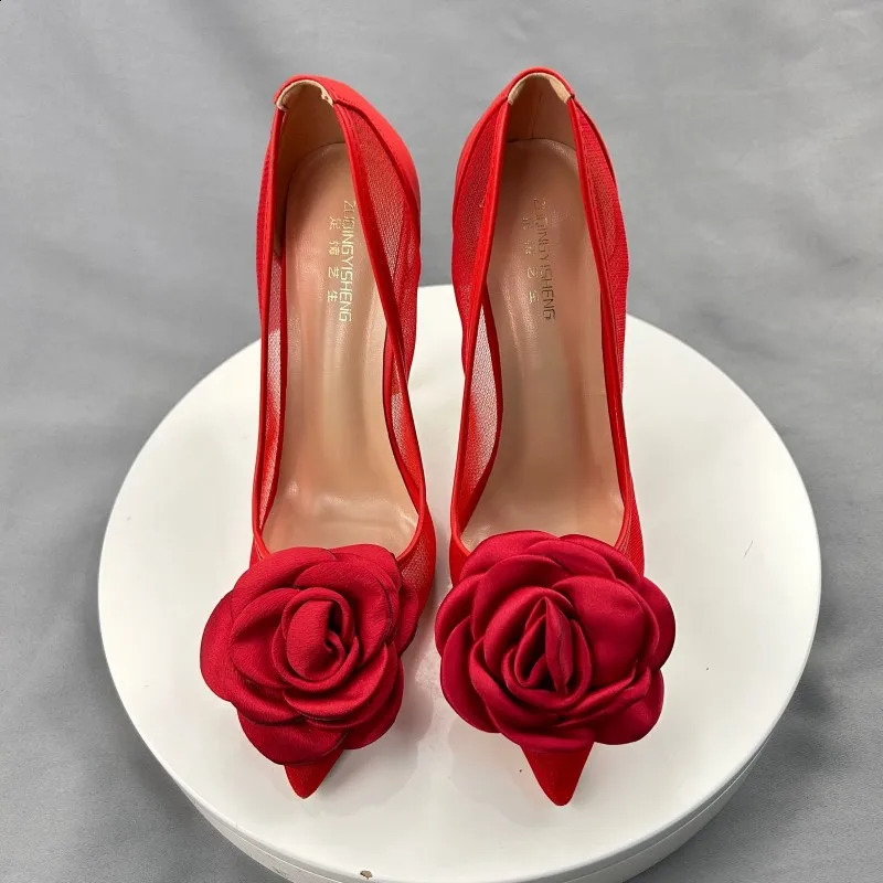 Red Flower Lace Womens Shoes 10CM Dot Toe Stiletto High Heels Womens Dress Womens Pump Plus Size 33-45 241223