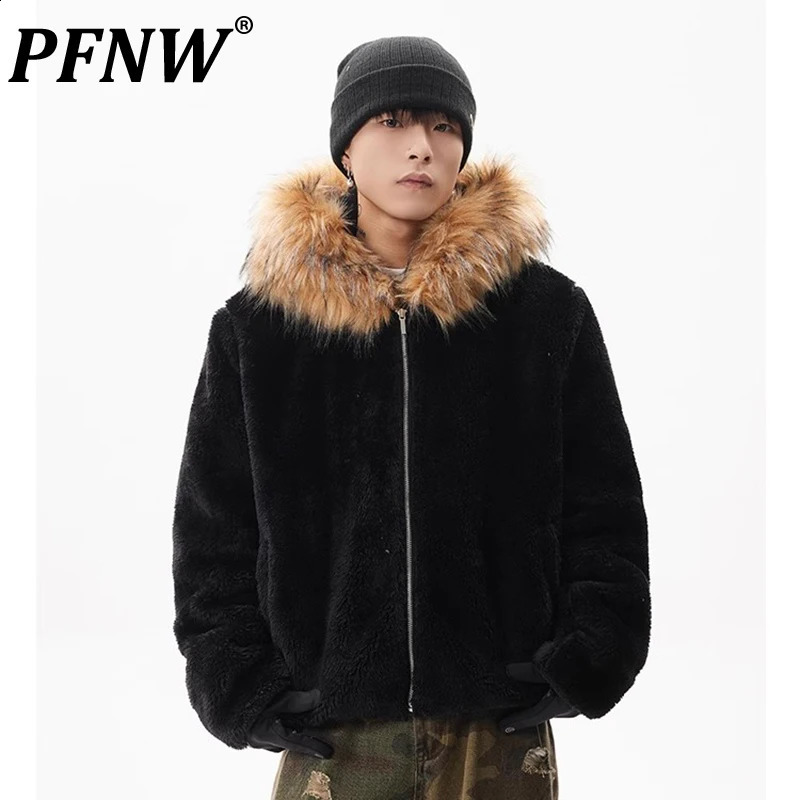 PFNW High Quality Fleece Hooded Quilted Padded Jackets Mens American High Street Warm Fur Collar Short Zipper Coat CPG2408 241223