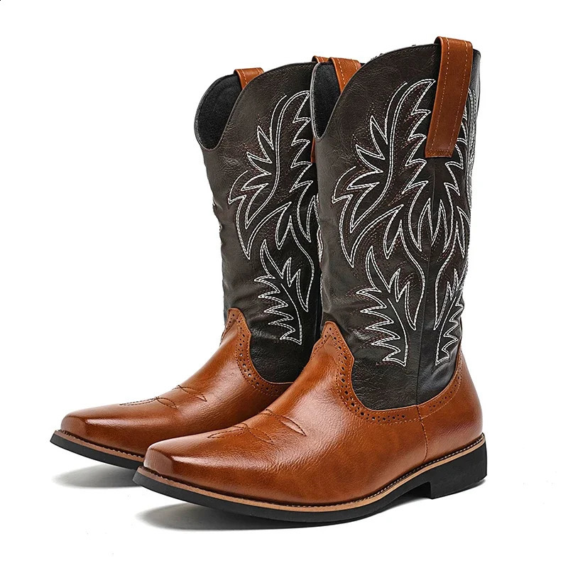 Spring and autumn mens Western cowboy boots executive embroidered boots punk mens knight boots retro wide toe leather shoes 241223