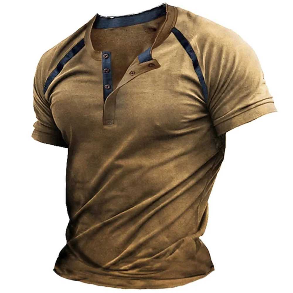 Henley mens summer pattern button plain 3D printed street retro casual short sleeved clothing oversized street clothing W241223