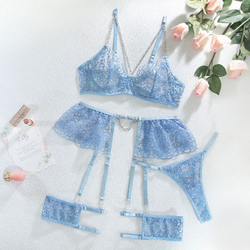 Women's Lace Bra & Panties Set with Garter Belt - Sheer Push-Up Sleepwear