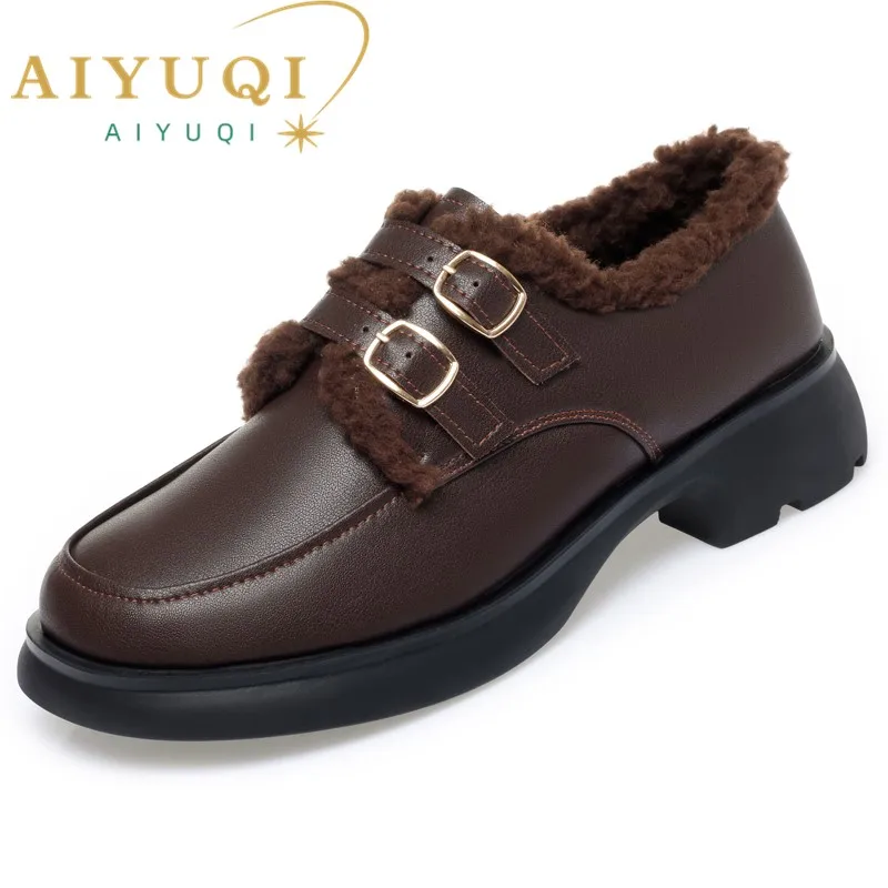 AIYUQI Women Shoes Fur British Style Fall Genuine Leather Women Loafer Shoes Retro Mid-heel Women Shoes