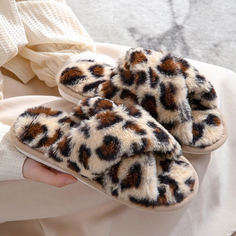 Leopard Print Cross Open Toe Autumn Winter Womens Fluffy Slippers Warm Home Comfortable Non-slip 241223