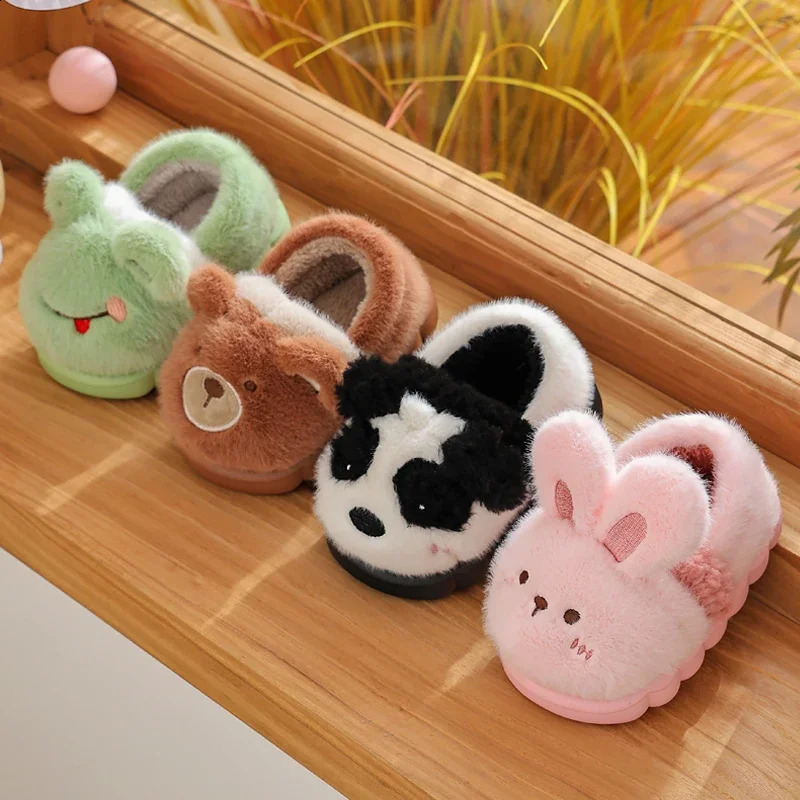 Childrens Cartoon Animals Heel Wrap Plush Slippers Soft Sole Non-slip Winter Warm Baby Boys Girls Indoor Home Cotton Shoes 241223