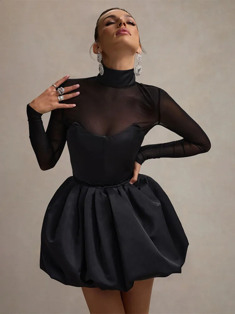 Mozision Turtleneck Sheer Long Sleeve Sexy Mini Dress For Women Black See Through High Waist Aline Club Party Elegant 241218