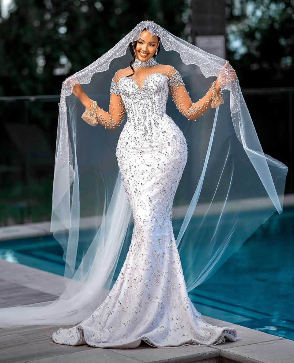 Mermaid Wedding Dresses For Women High Collar Long Sleeves Gown Sequins Rhie Pearls Sweep Train Customized Dress