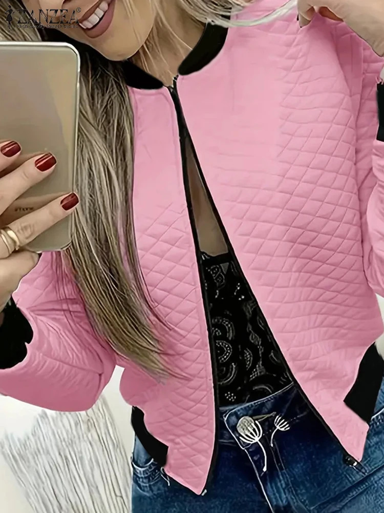 ZANZEA Women Pattern Jacket Autumn Long Sleeve Short Coats Vintage Zipper Round Neck Outwears Casual Loose Baseball 241218