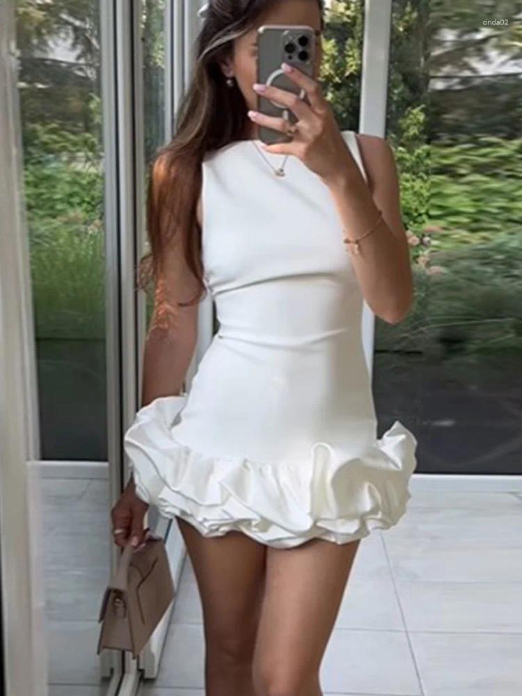 Casual Dresses Elegant Solid Ruffled Hem Sleeveless Bodycon Short Dress Women Sexy Round Neck Slim Mini Vestidos Chic Lady Party Gowns