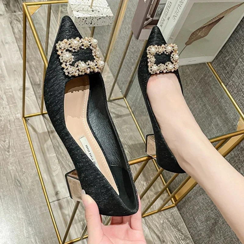 High Heels Shoes Women Spring Korean Edition Pearl Rhinestone Pointed Toe Womens Shoes Chunky Heels Pumps Zapatillas Mujer 241223