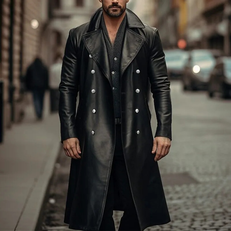 European and American Largesize Long Leather Trench Coat Mens Doublebreasted German Military Men 241220