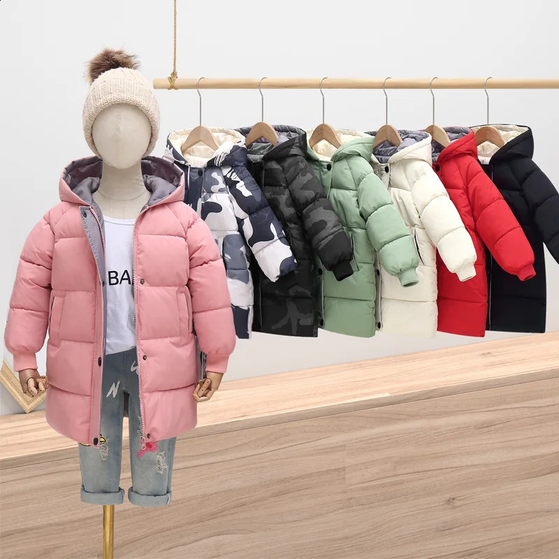 Childrens Down Cotton Jacket Boys Mid-Length Solid Color Warm Jacket Winter Girls Thickened Casual Fashion Clothes 2-10Y 241223