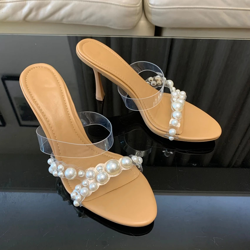 Summer Womens Pump Fashion High Quality Shoes Womens Pearl Stud Leather Toe High Heels Sandals 241223