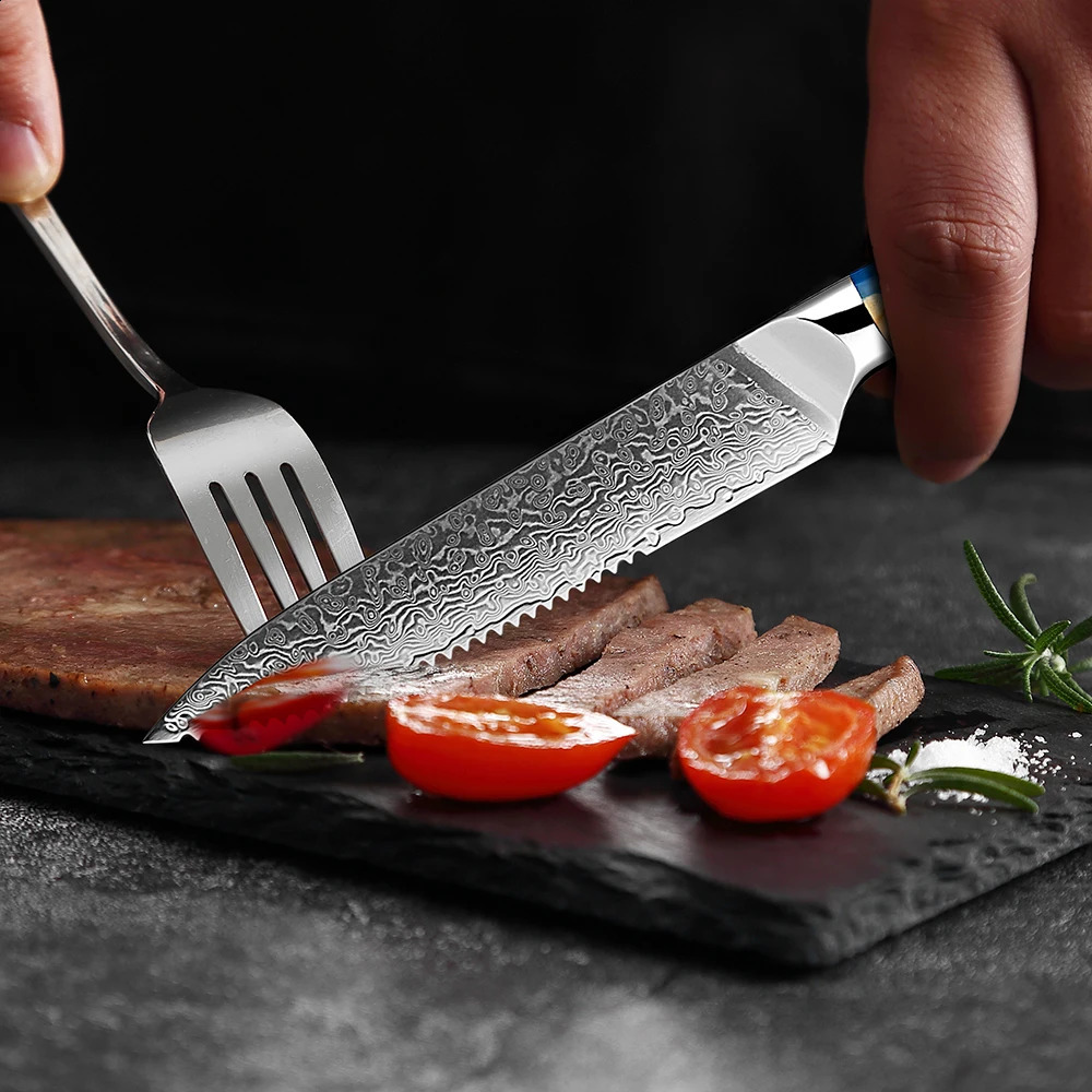 Steak Knife Sharp Grilled Steak Knife Set 5-inch Damascus Steel Steak Knife Set Professional Straight Edge Kitchen Table Knife 241223