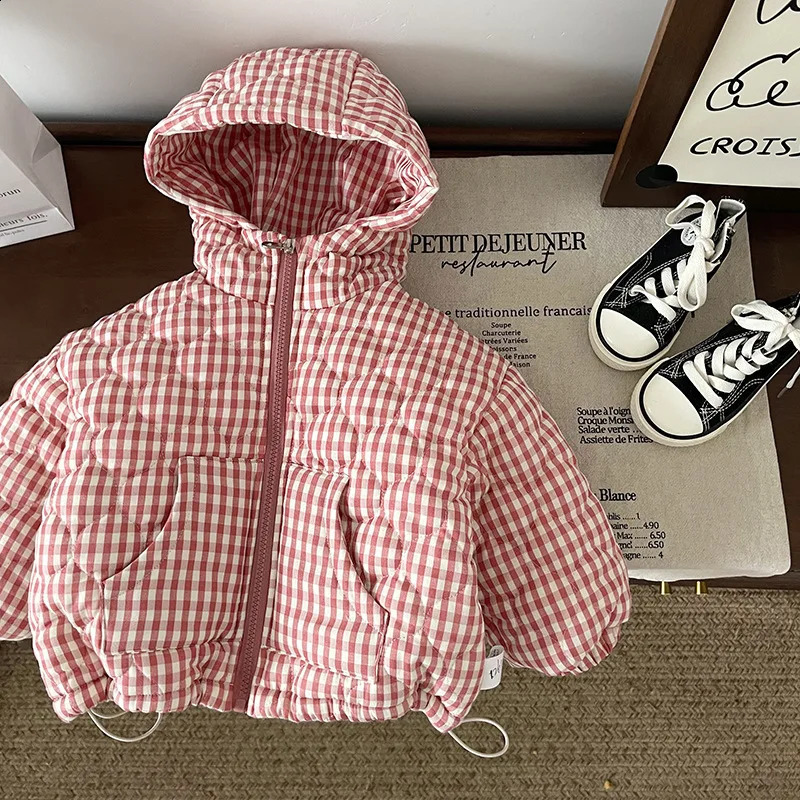 Autumn Winter Baby Girls Parkas Plus Velvet Thickened Hooded Plaid Warm Kids Girls Coat Children Girls Outerwears Jacket 241223