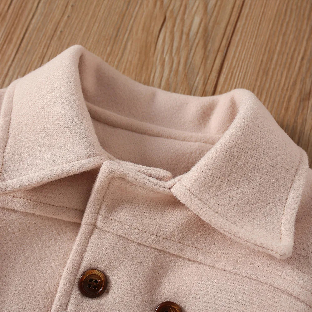 autumn and winter childrens woolen coat girls solid color lapel double row button casual coat 241223
