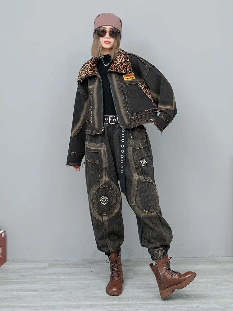 Personalized Trendy Denim Patchwork Leopard Print Double-sided Thick Jacket Women Winter LX2482 241223