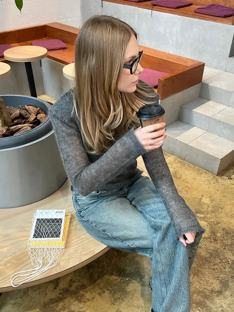 Fashion Solid Round Neck Thin Sweater Elegant Long Sleeve Bodycon Knitted Pullover Autumn Lady Commuting Street Outwear 241224
