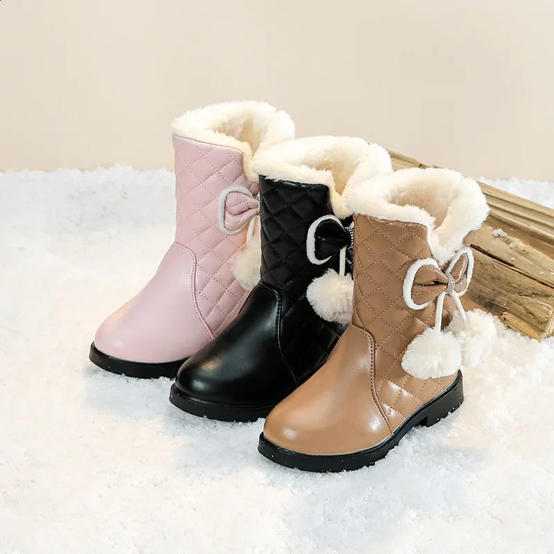 Girls Warm Boots with Bow Kids Snow Boots with Fur Plush 2024 Winter Fashion Children Princess Boots Waterproof Platform 241224bj