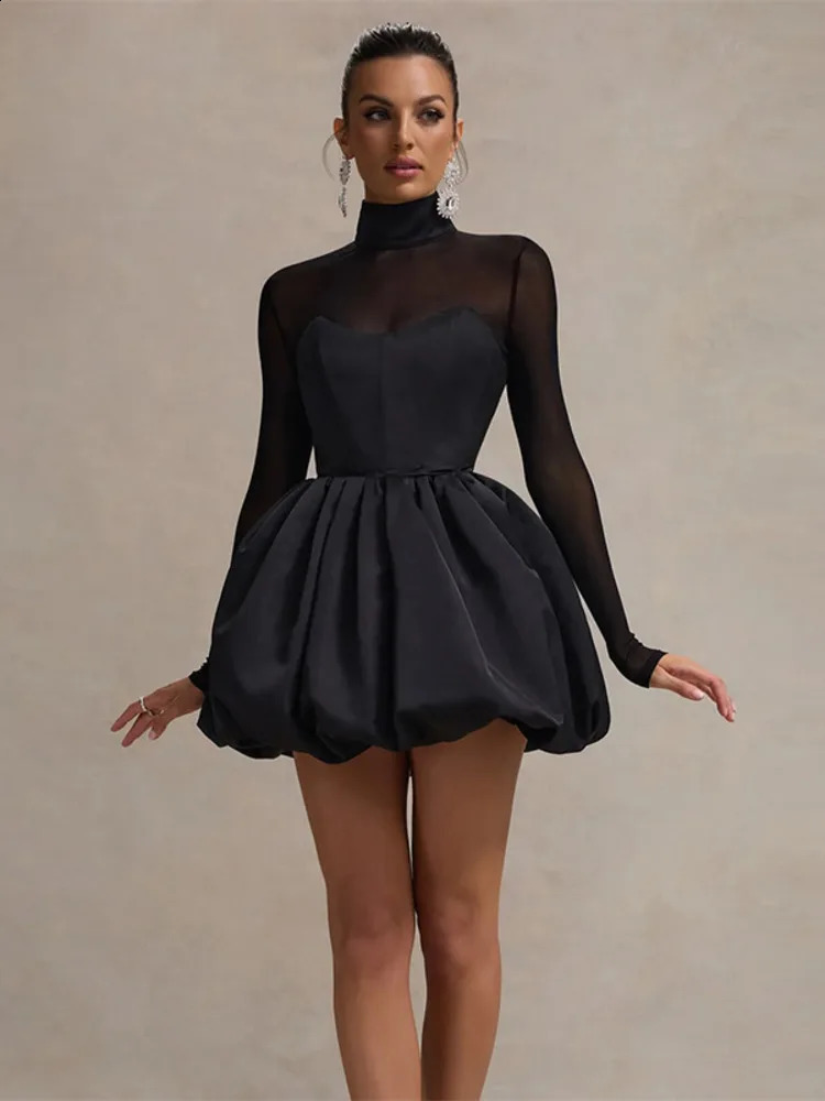 Mozision Turtleneck Sheer Long Sleeve Sexy Mini Dress For Women Black See Through High Waist Aline Club Party Elegant 241218