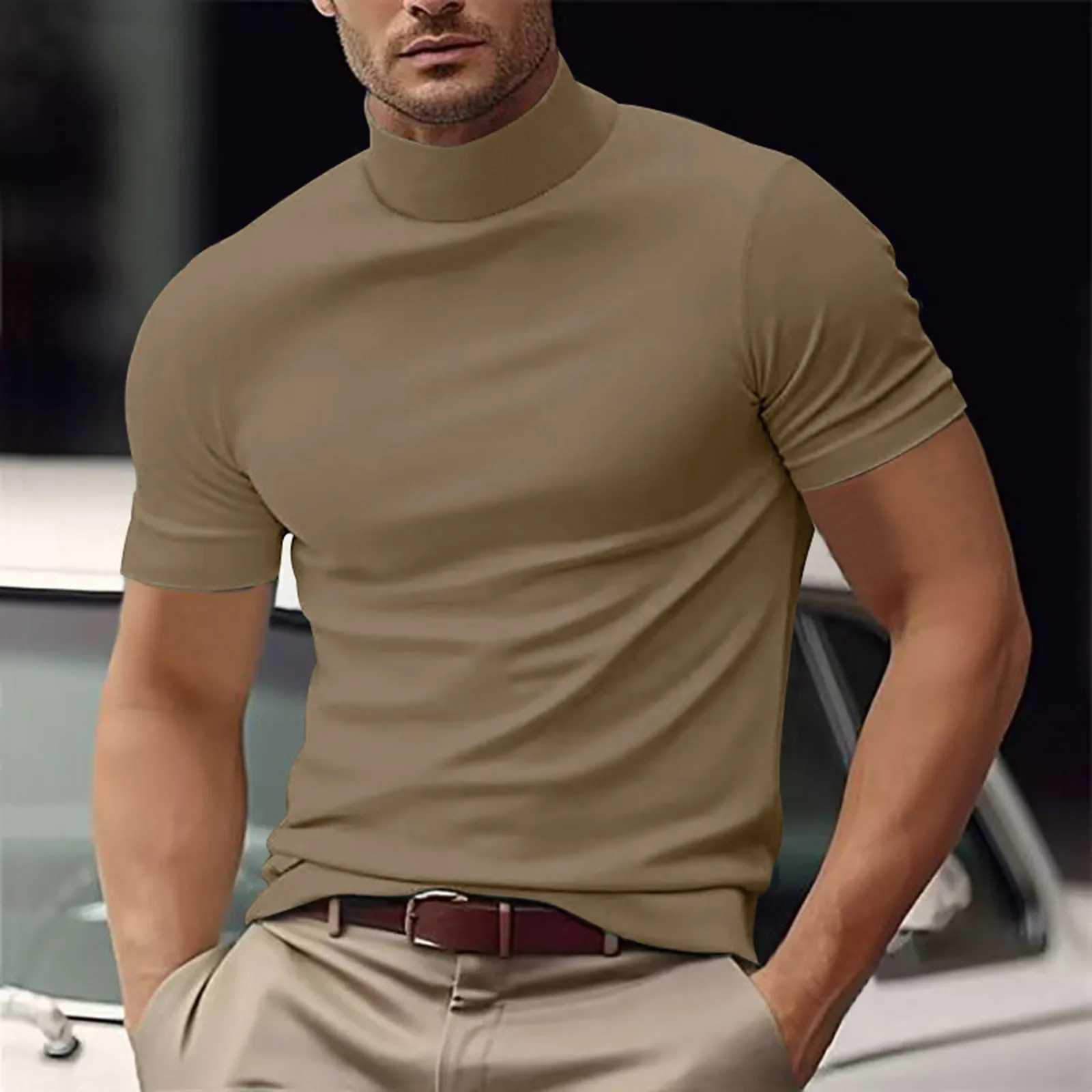 Short sleeved T-shirt mens Turtleneck shirt short sleeved Pullover underwear slim fit top mens plain T-shirt Harajuku streetwear W241223