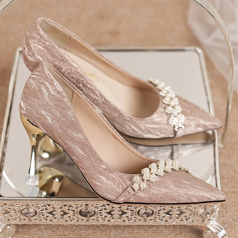 Shining High Heel Pump Womens Autumn Pearl Stiletto Shoes er Shoes Womens Pointed Toe Silver Party Shoes 241223